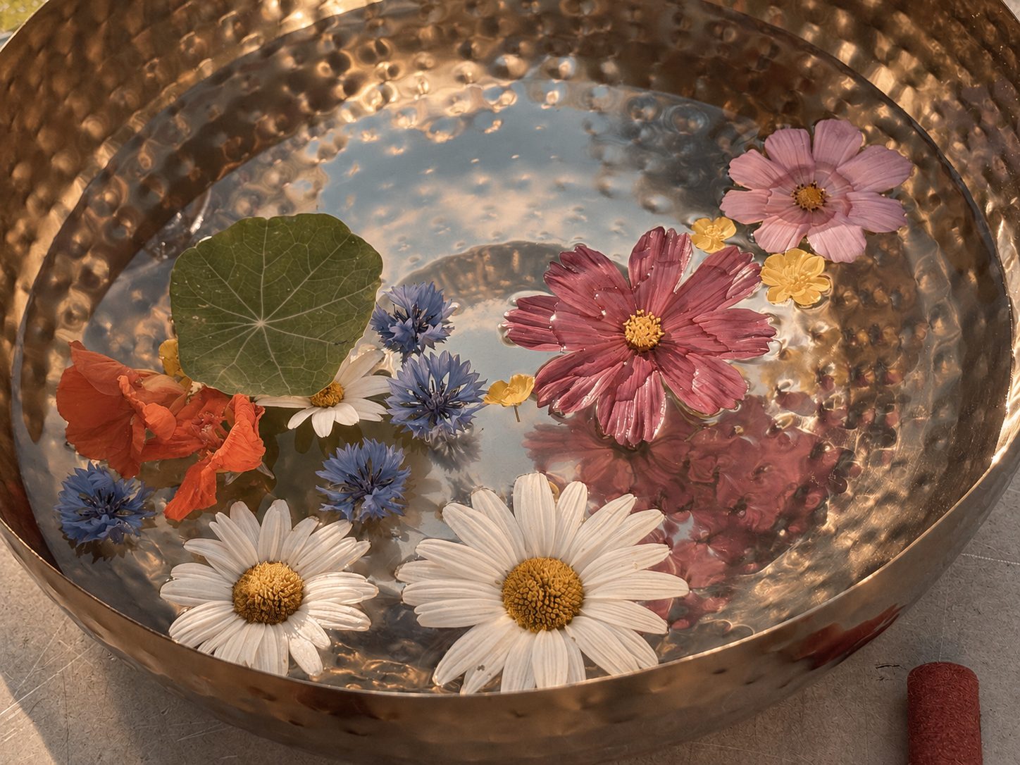 Een schaal met water en bloemen