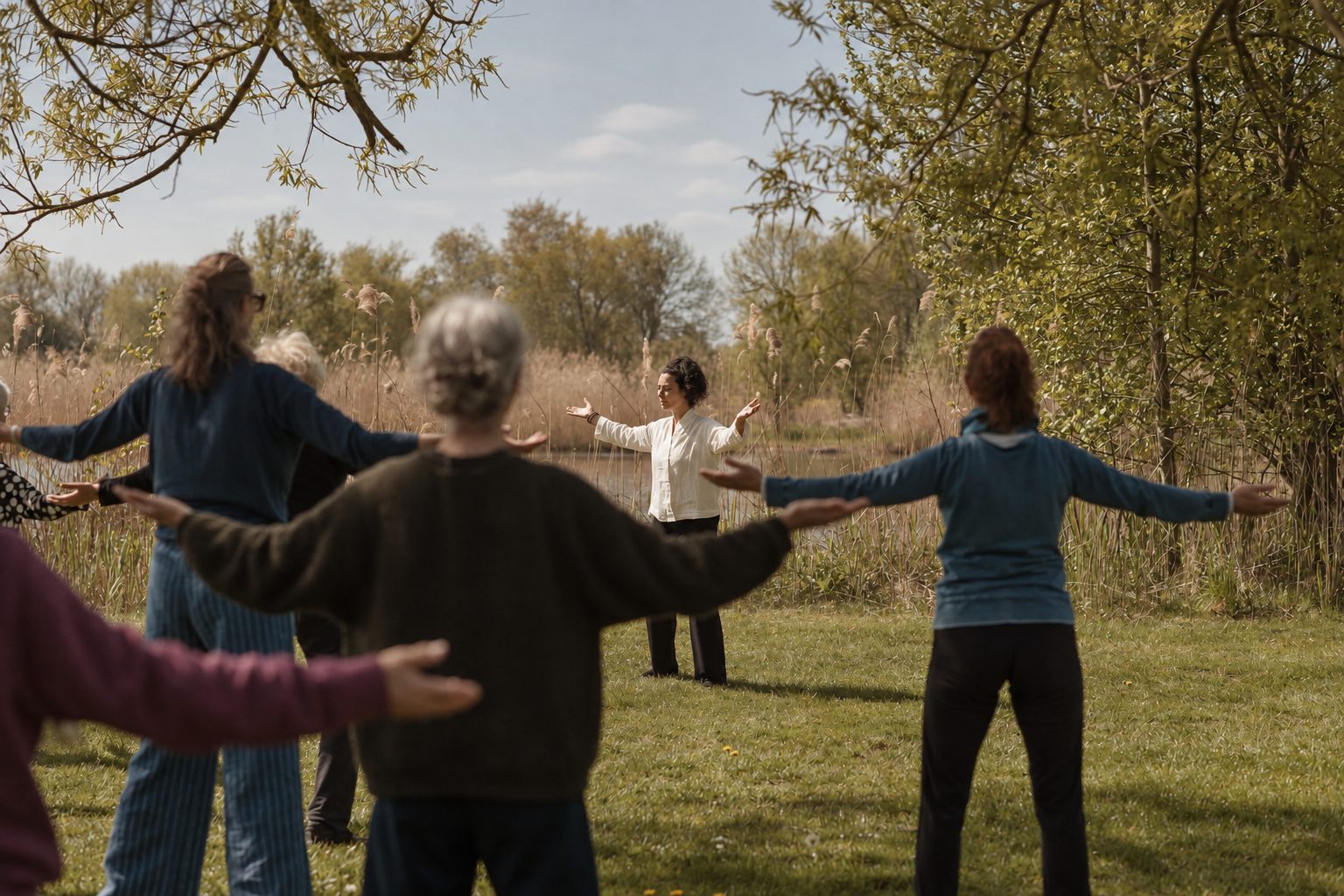 Deelnemers doen Tai Chi in een groep buiten