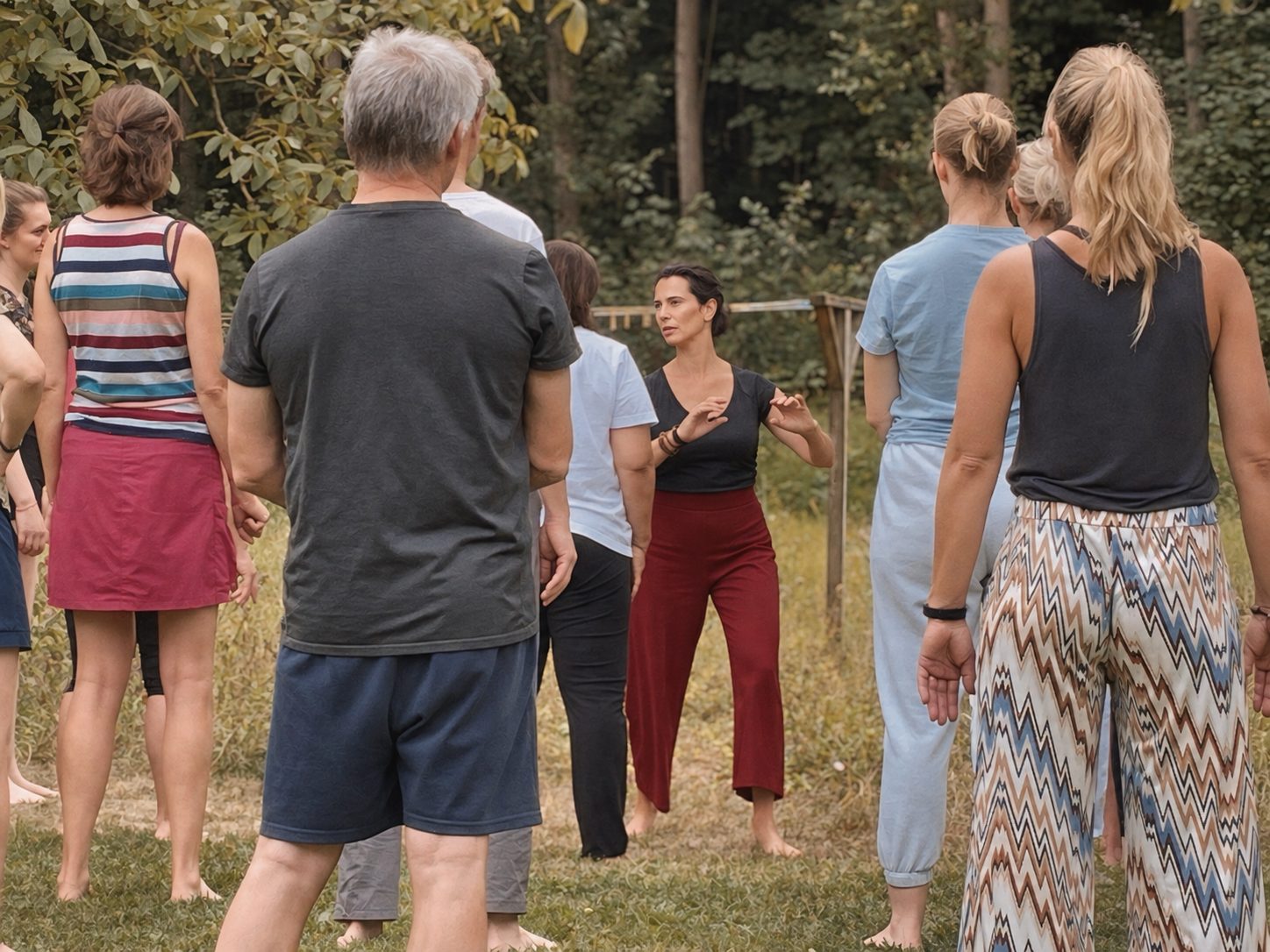 Collega’s staan in een kring tijdens een workshop buiten