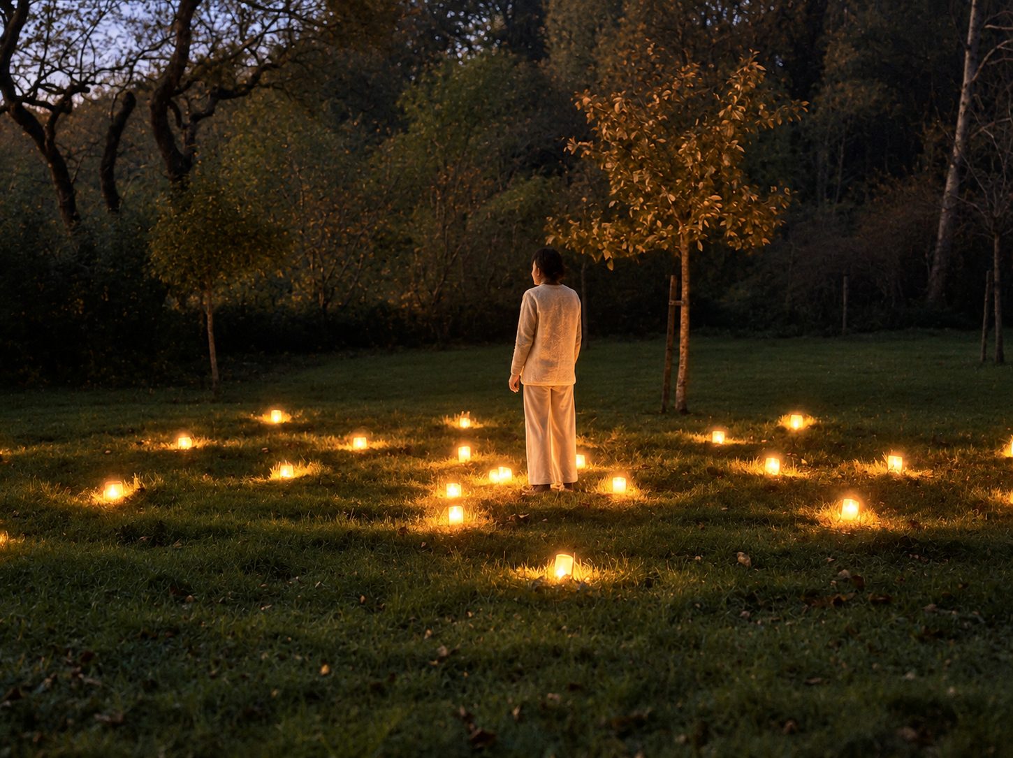 Avondlichtjes in een cirkel op het gras tijdens een retraite