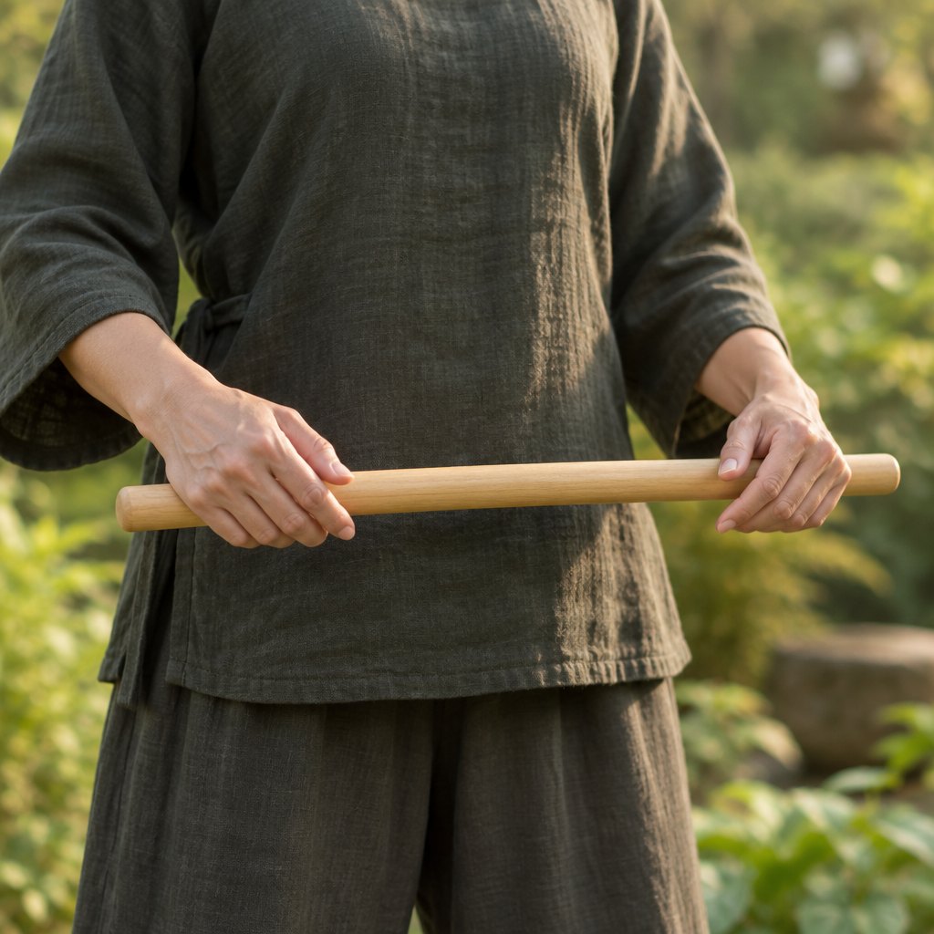 Handen houden een Tai Chi-stick vast in een Qigong-houding