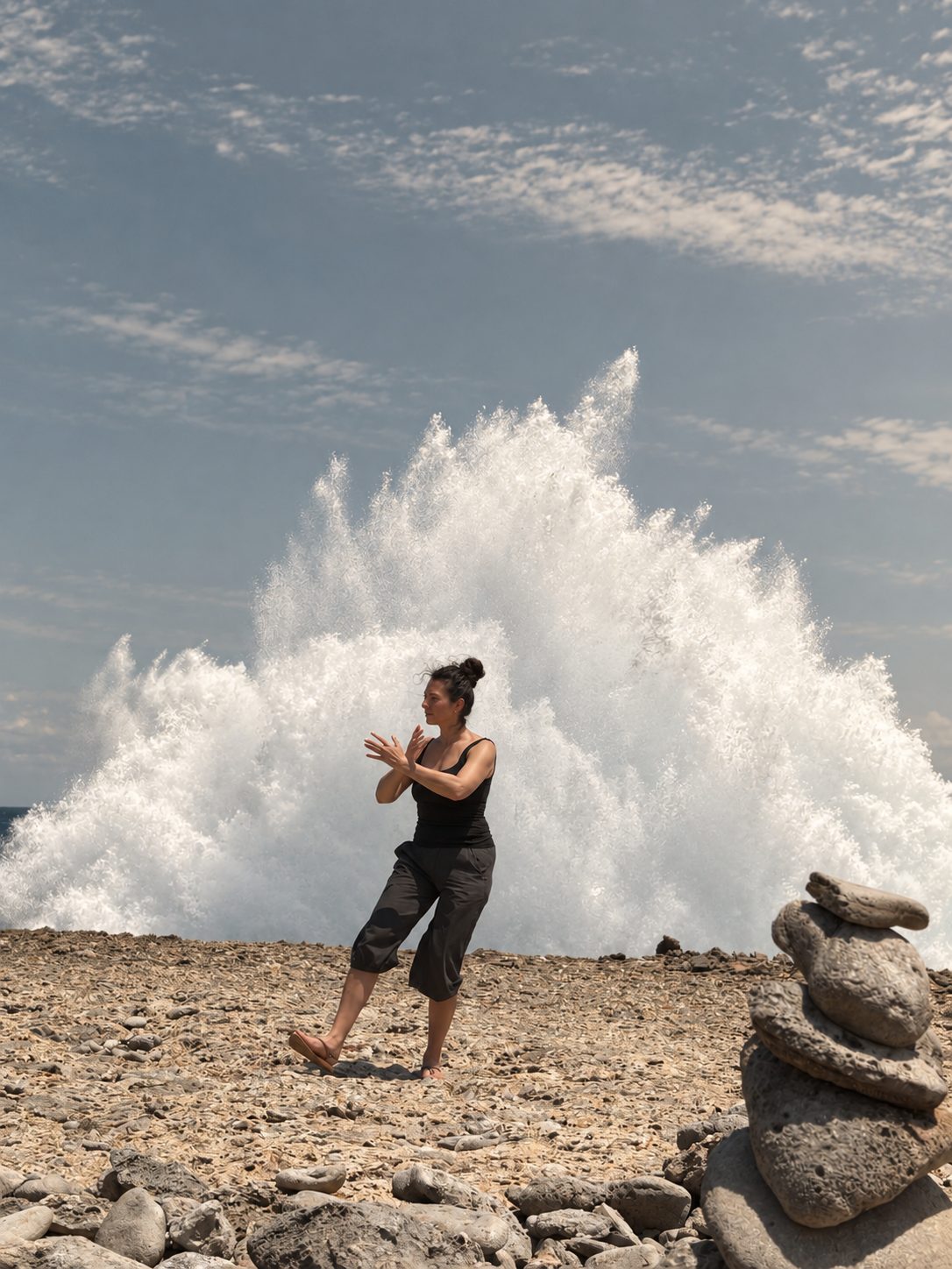 Wendy-Joyce beside a crashing wave