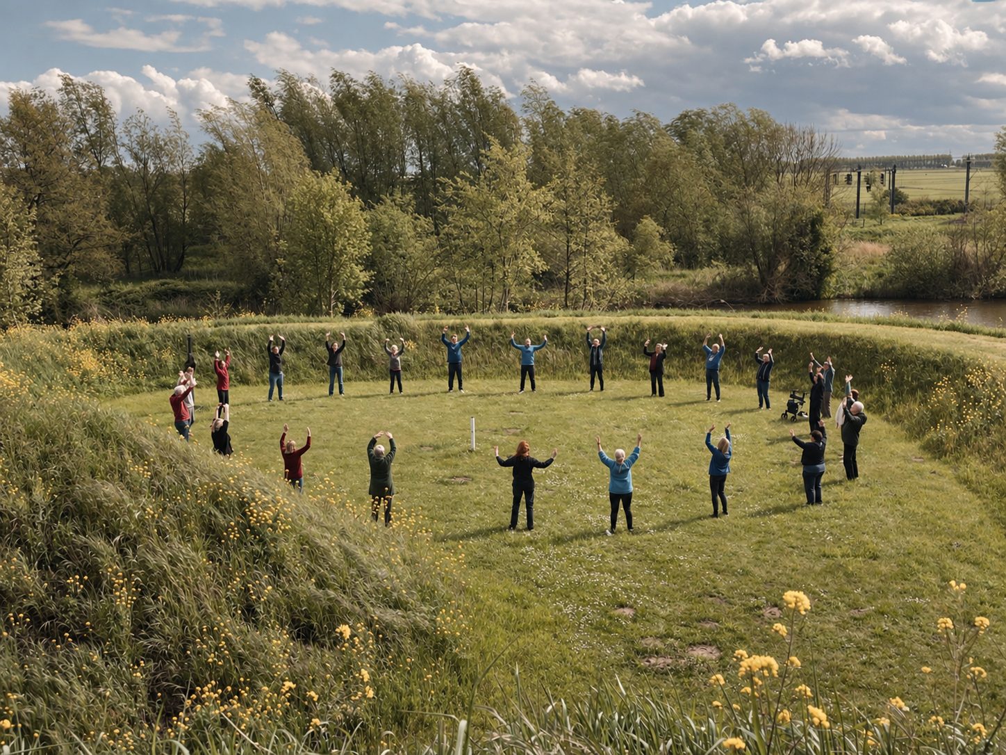 A group of participants standing in a circle in a green field